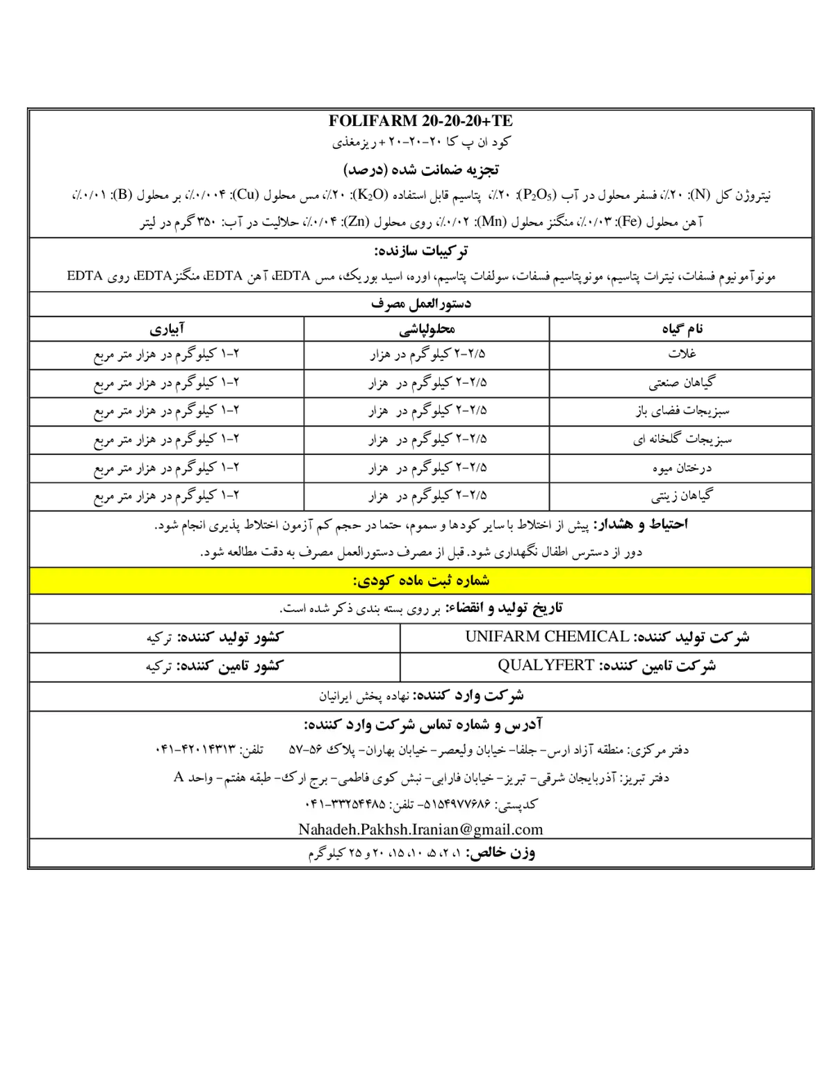 کود جامد ان پی کی 20-20-20+ریز‌مغذی فولیفارم