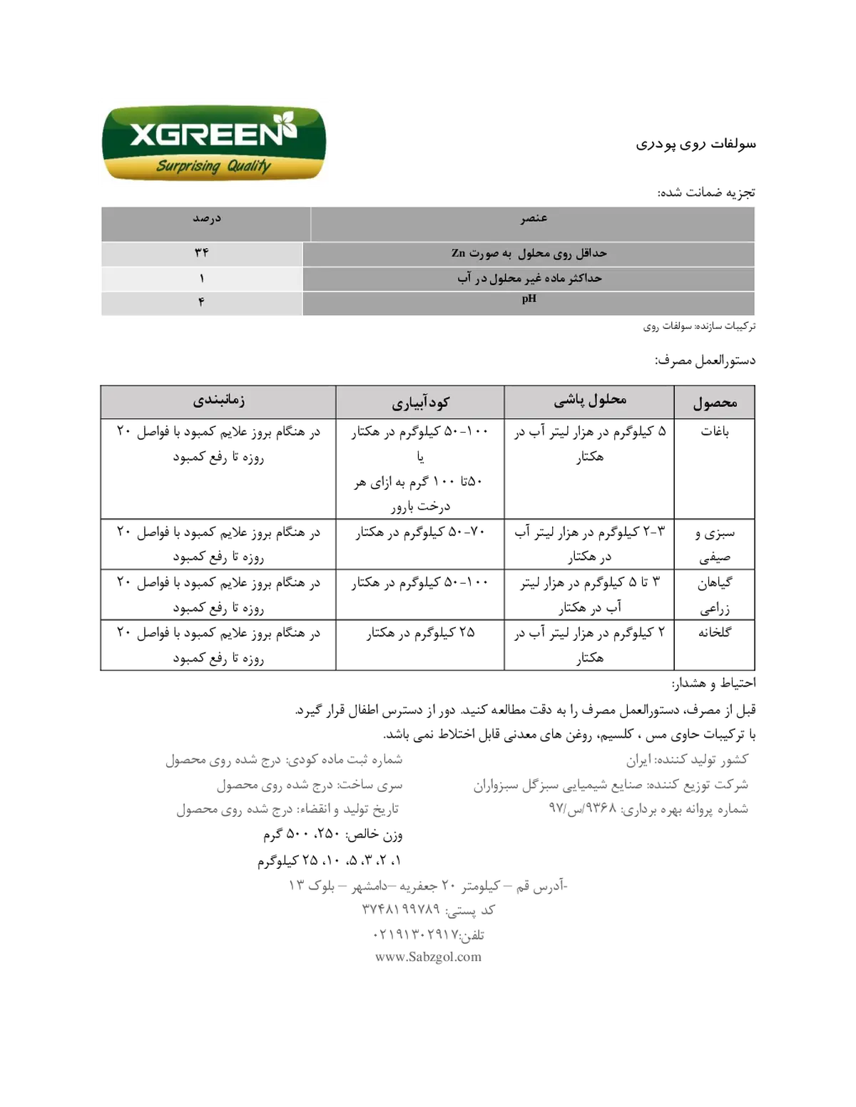 سولفات روی کسگرین