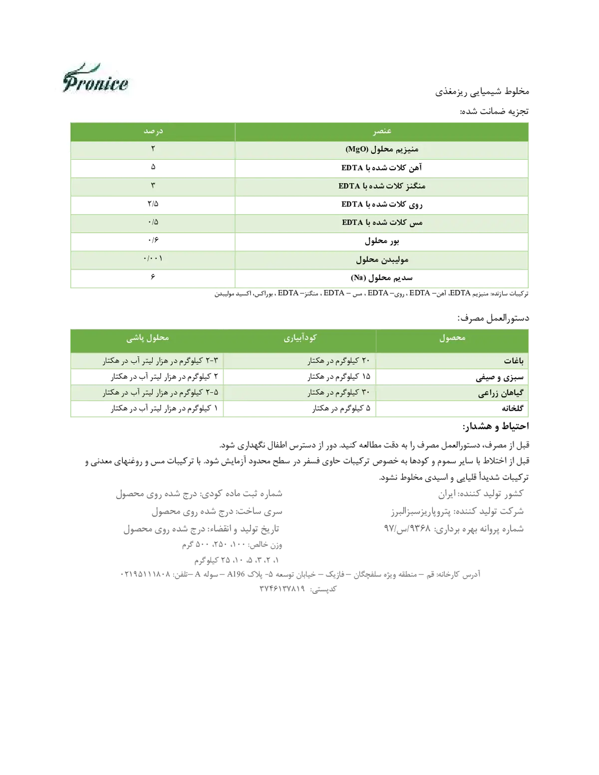 کود جامد- ریز مغذی کلاته پرونیک- تولیدی